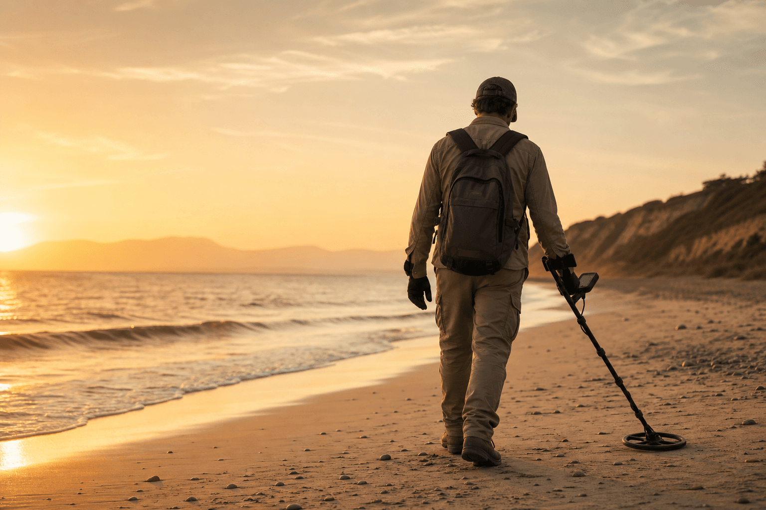 Détectoriste cherchant sur une plage avec un détecteur de métaux
